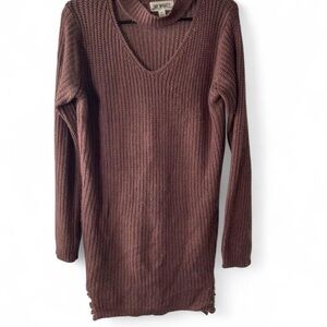 Say What? Long Ribbed V-Neck Sweater Dress in Cocoa Brown/Move